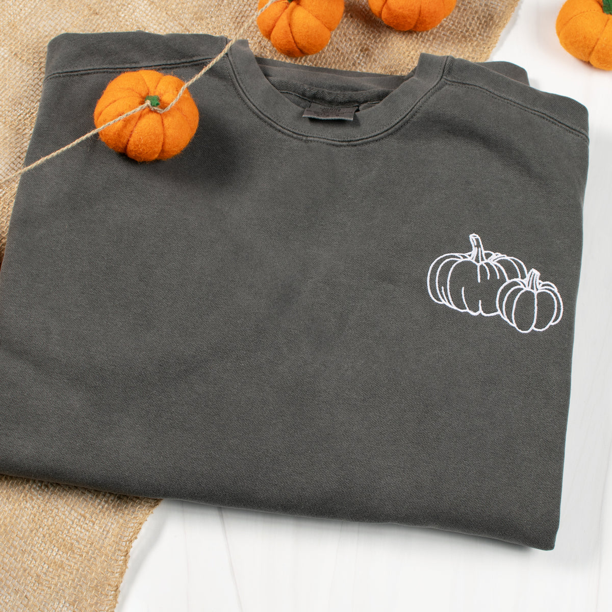 Pumpkin Outline Embroidered Left Chest Comfort Colors Sweatshirt