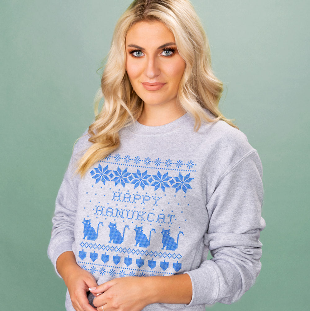 Happy Hanukcat Hanukkah Cat Crewneck Sweatshirt - Femfetti
