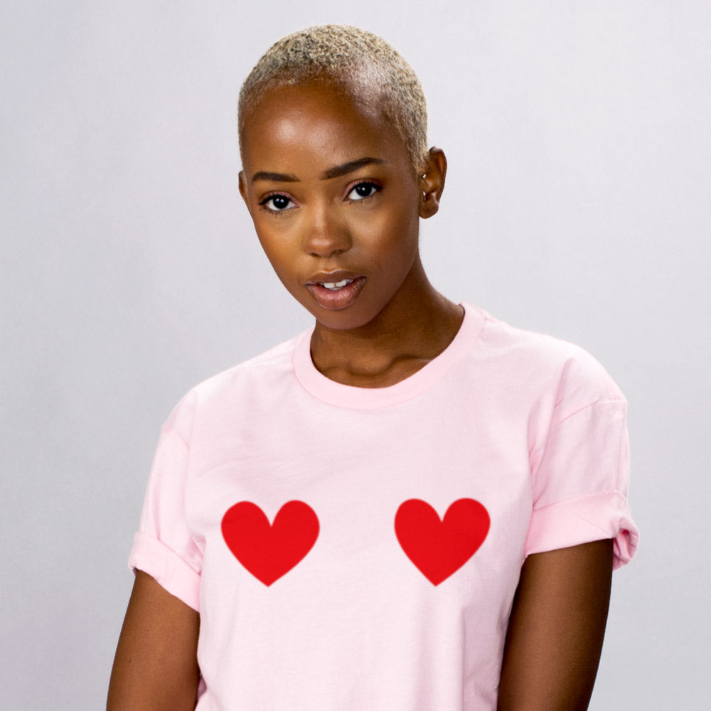 Heart Boobs Shirt - Valentine's Day Graphic Tee, Trendy Cute Pink - Femfetti