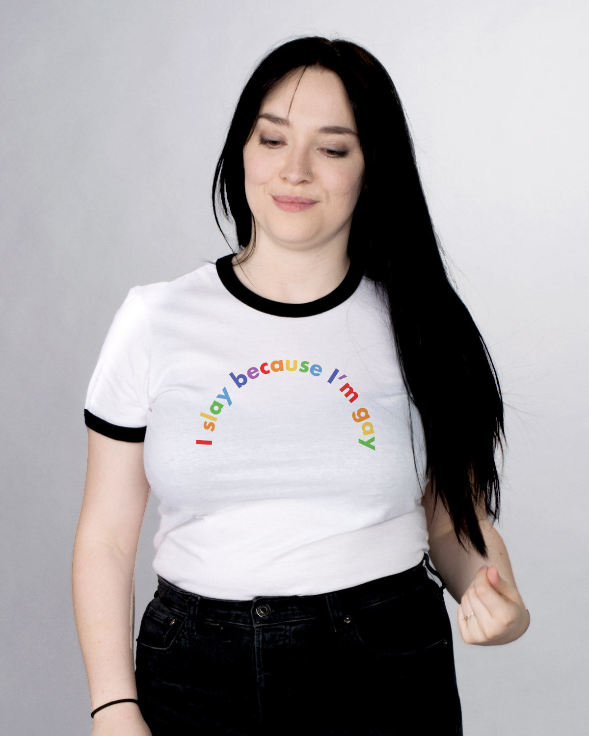 I Slay Because I&#39;m Gay Pride Ringer Tee - Femfetti