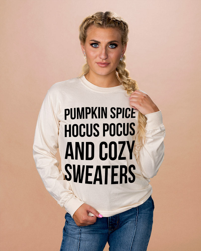 Pumpkin Spice, Hocus Pocus, And Cozy Sweaters Long Sleeve - Femfetti