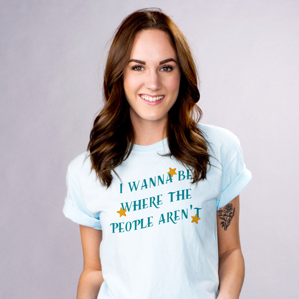 Anti-Social Ariel Shirt - Femfetti - A light blue unisex fit graphic tee featuring the phrase &quot;I want to be where the people aren&#39;t&quot; with starfish.