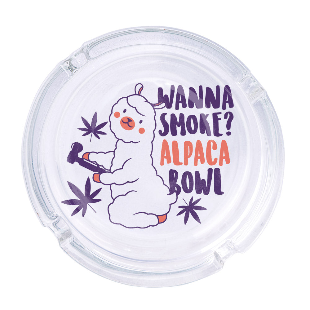 Alpaca Bowl - Femfetti - A clear glass ashtray featuring an Alpaca and the phrase &quot;Wanna Smoke? Alpaca Bowl&quot; in purple and orange text.