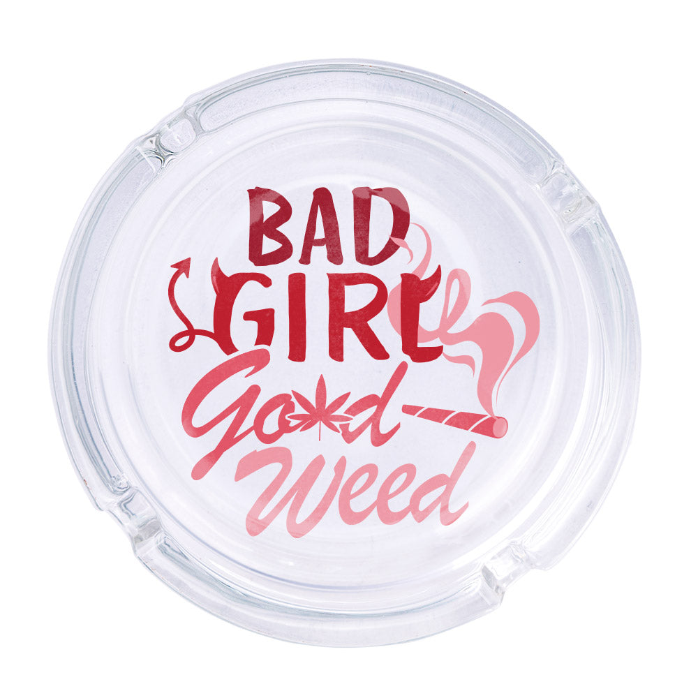 Bad Girl Good Weed Ashtray - Femfetti - A clear glass ashtray featuring the phrase &quot; Bad Girl Good Weed&quot; in red and pink text.
