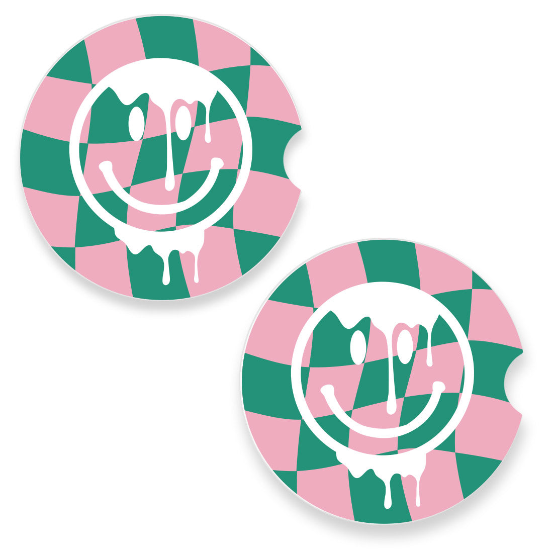 Warped Checker Smiley Car Coasters