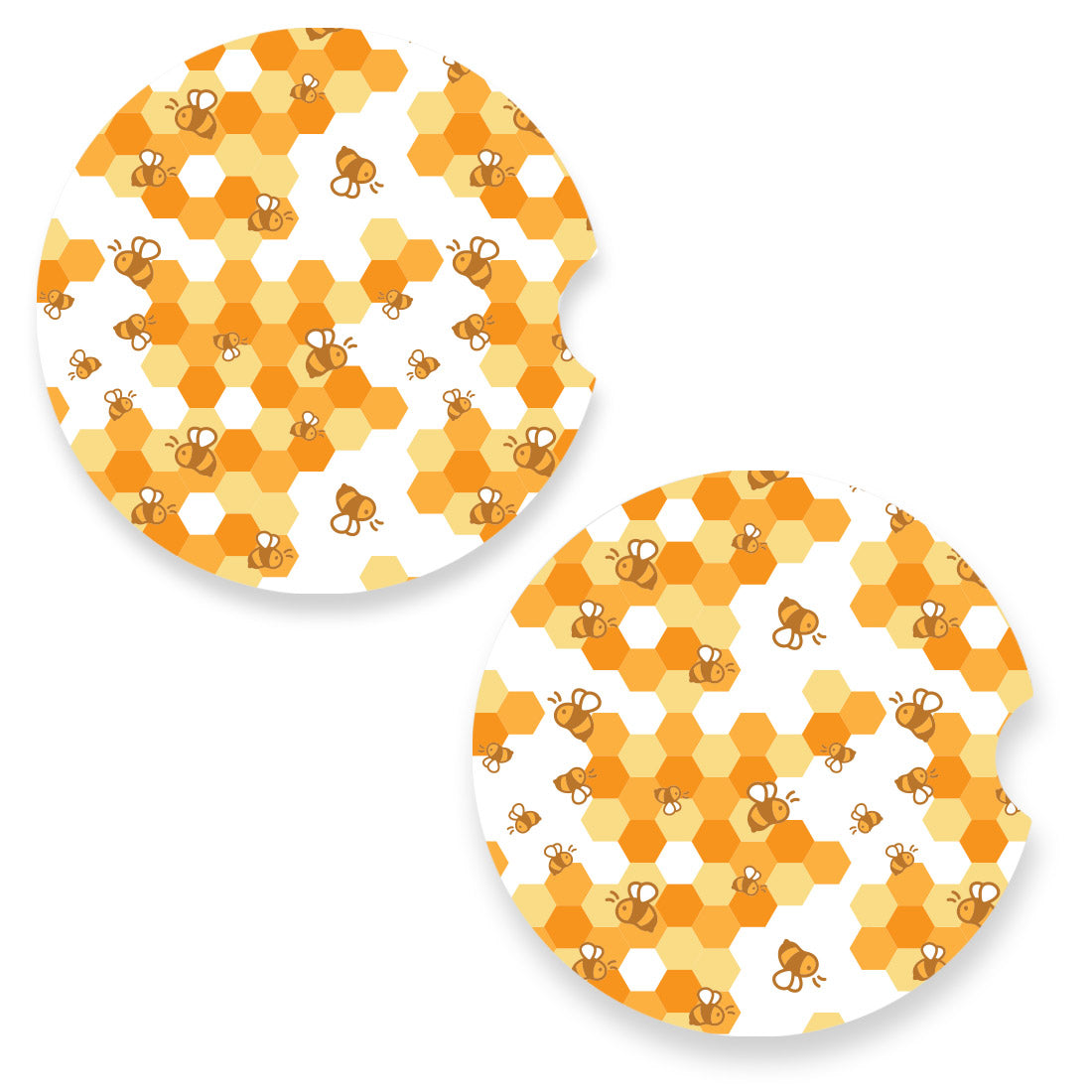 Bee Honeycomb Car Coasters - Femfetti - A set of two printed car coasters with a pattern of bees and honeycomb.