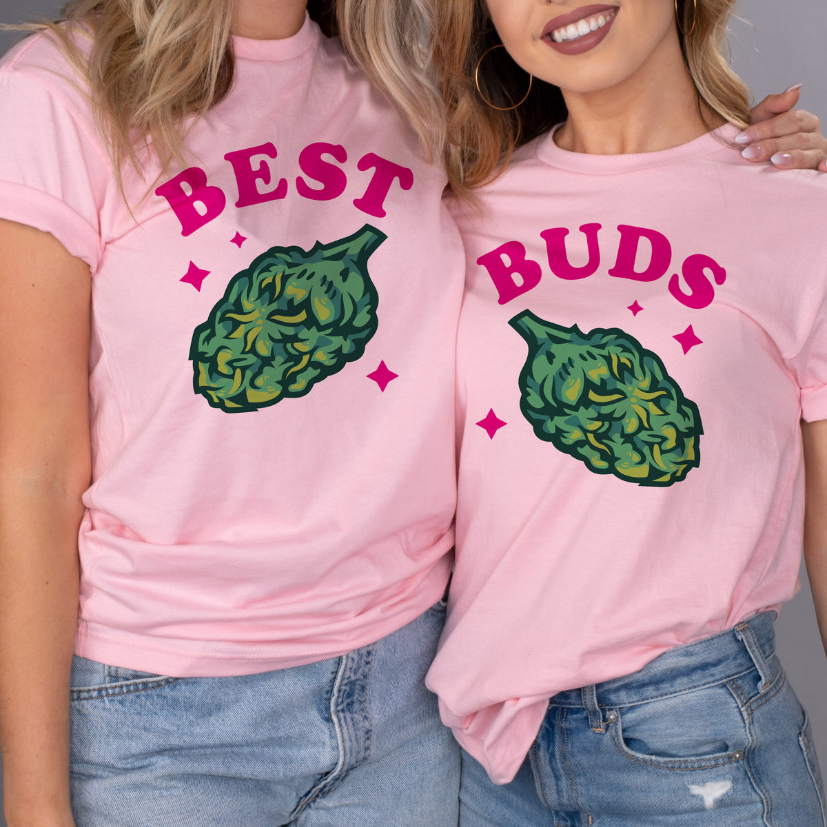 Best Buds Bff Tees - Femfetti - Two pink unisex fit graphic tees. One features the word best and the other features the word buds with the image of weed.