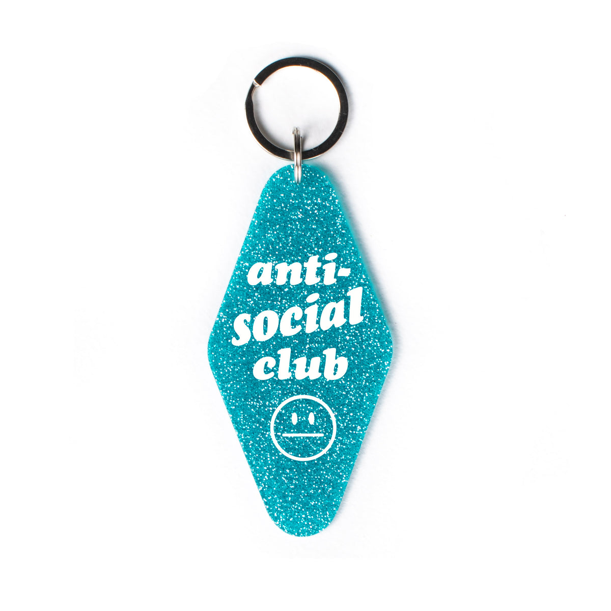 Anti-Social Club Glitter Motel Keychain - Femfetti - A retro style motel keychain with glitter featuring the phrase &quot;Anti-social club&quot;.