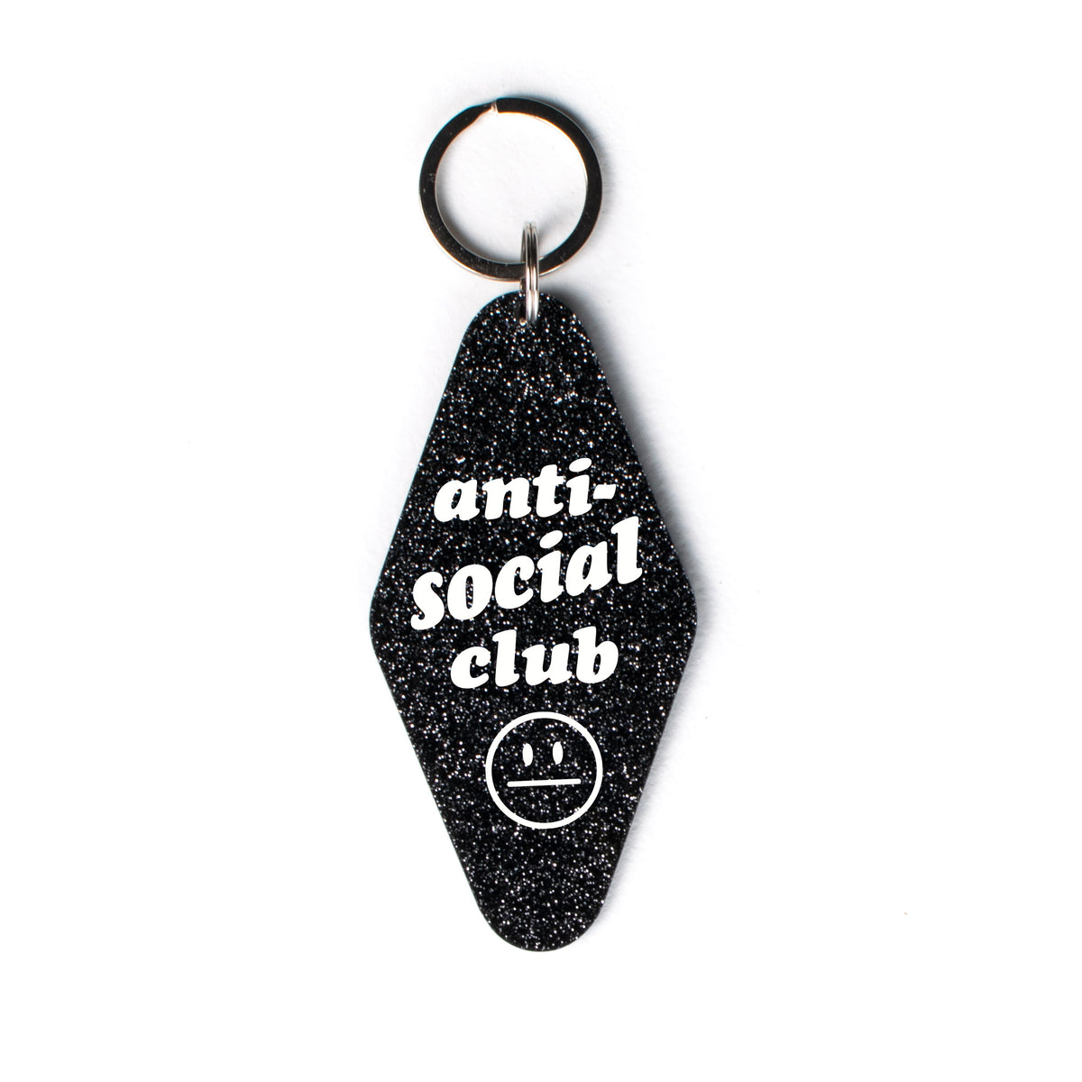 Anti-Social Club Glitter Motel Keychain - Femfetti - A retro style motel keychain with glitter featuring the phrase &quot;Anti-social club&quot;.