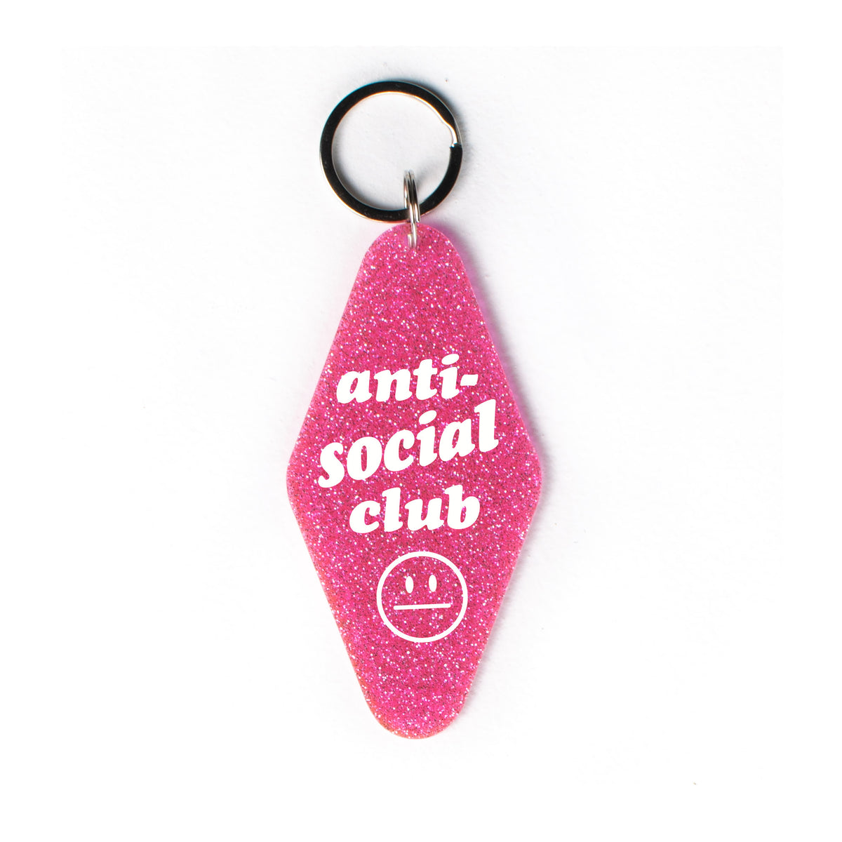 Anti-Social Club Glitter Motel Keychain - Femfetti - A retro style motel keychain with glitter featuring the phrase &quot;Anti-social club&quot;.