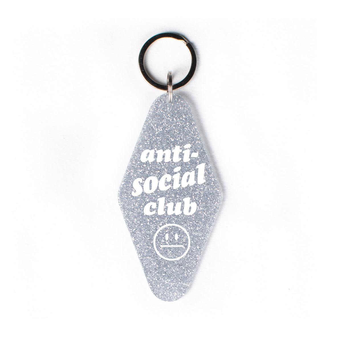 Anti-Social Club Glitter Motel Keychain - Femfetti - A retro style motel keychain with glitter featuring the phrase &quot;Anti-social club&quot;.