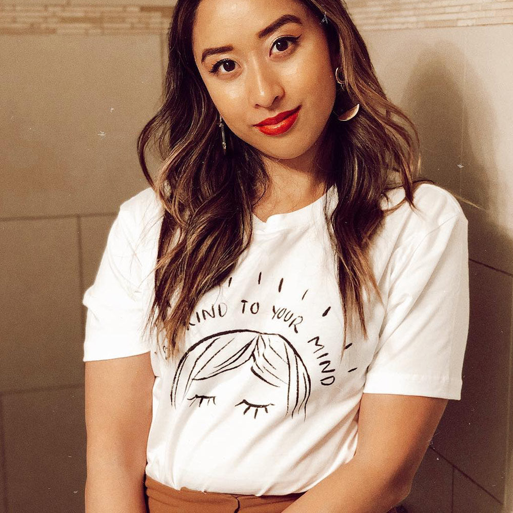 Be Kind To Your Mind Shirt - Femfetti - A white unisex fit graphic tee featuring the phrase &quot;Be kind to your mind&quot;.