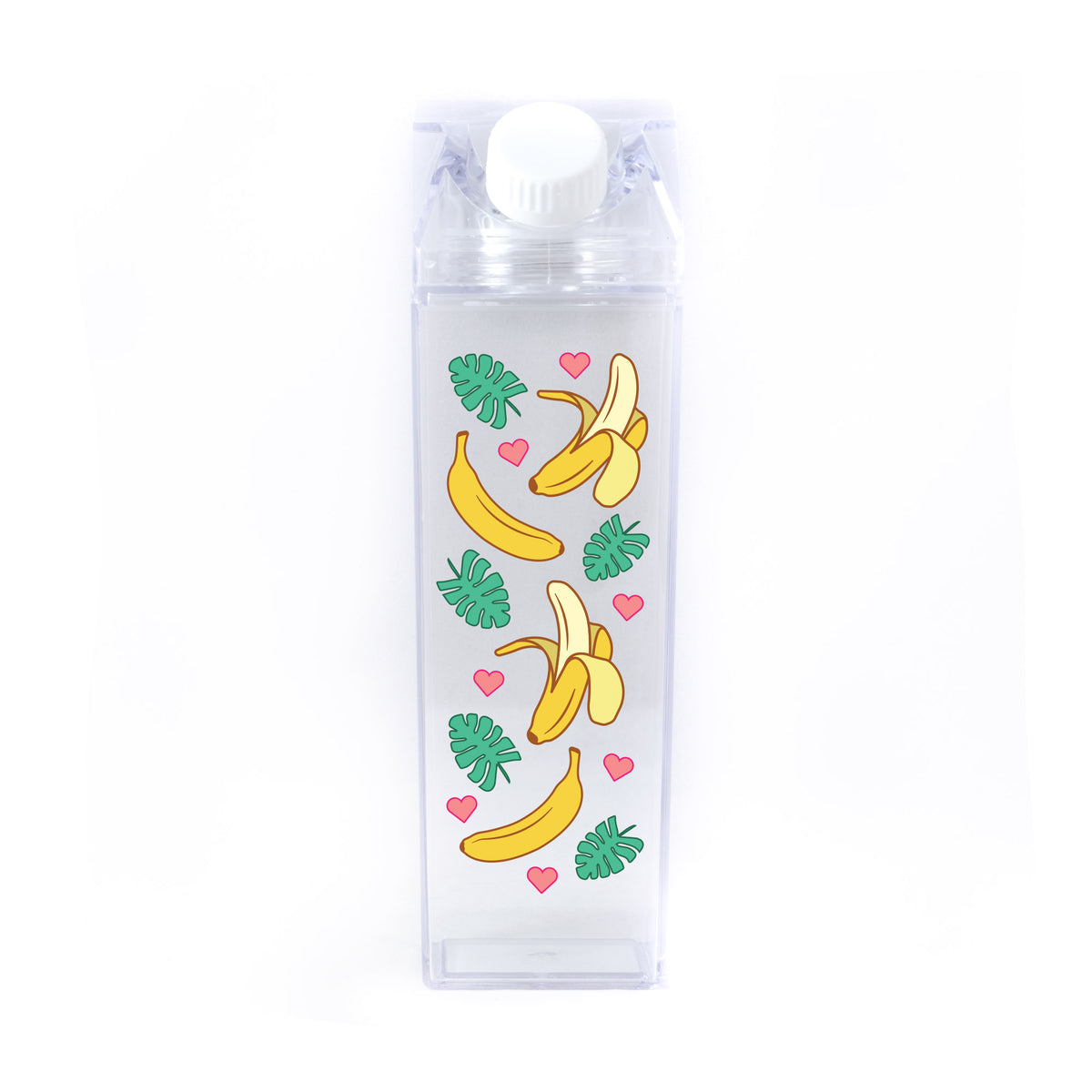 Banana Pattern Milk Carton - Femfetti - A clear acrylic water bottle shaped like a milk carton featuring a pattern of bananas.