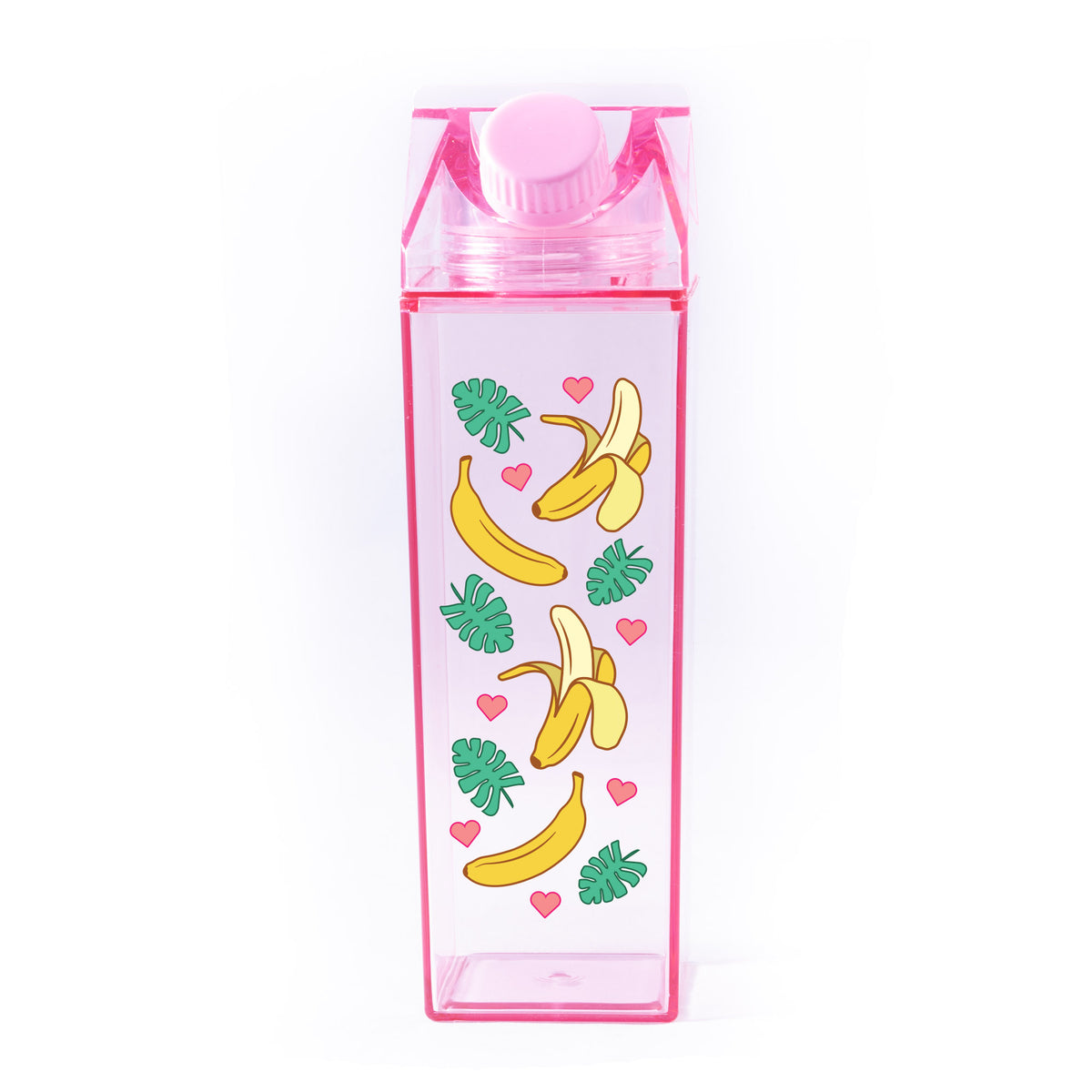 Banana Pattern Milk Carton - Femfetti - A pink acrylic water bottle shaped like a milk carton featuring a pattern of bananas.