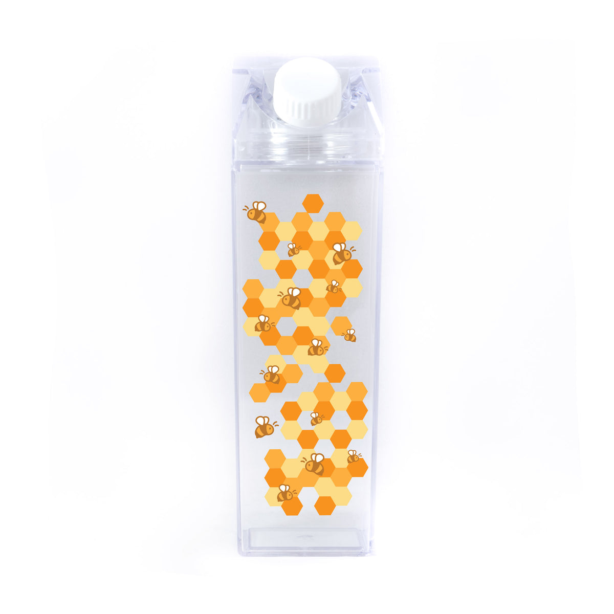 Bee Pattern Milk Carton - Femfetti - A clear milk carton shaped water bottle with a printed pattern of bees and honeycomb.