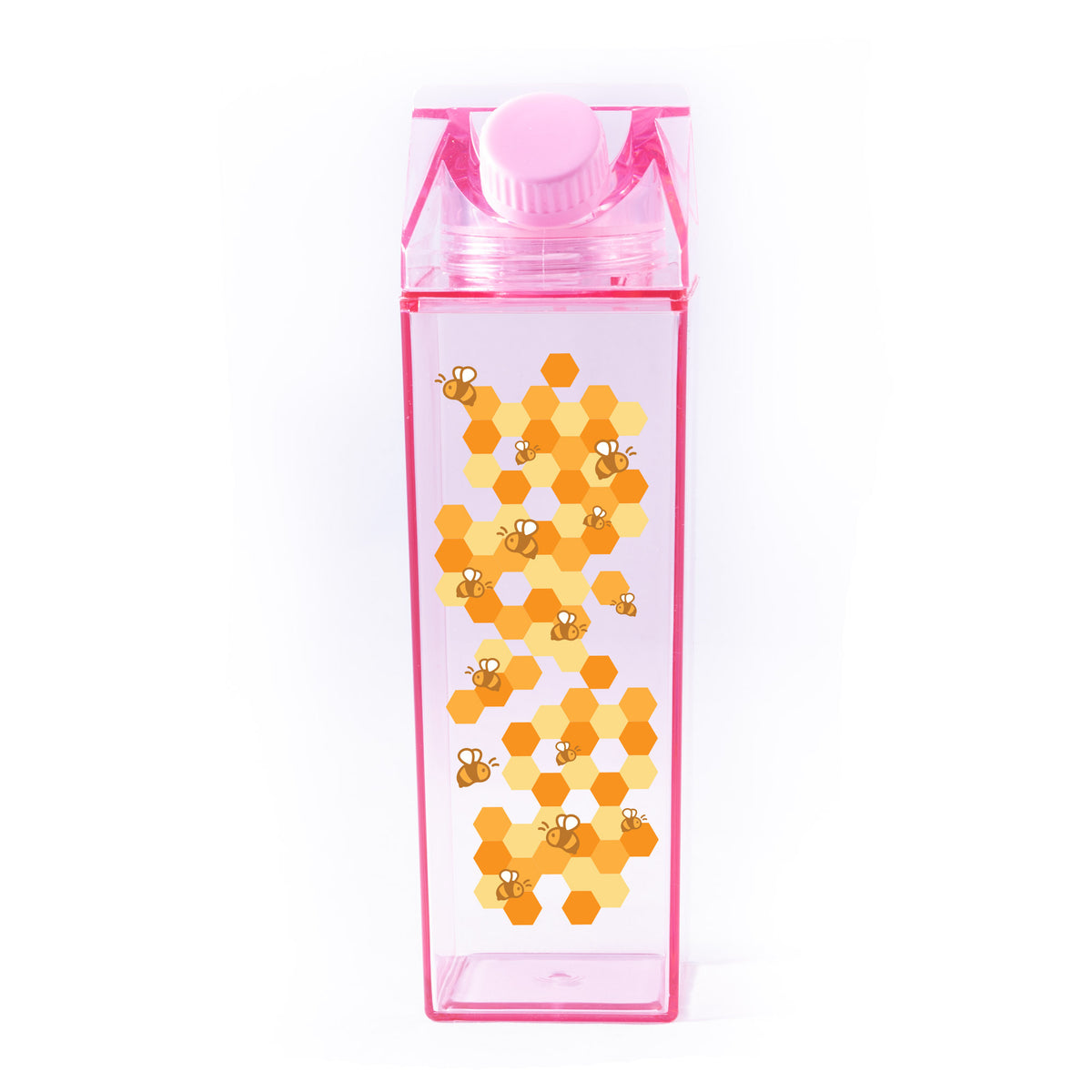Bee Pattern Milk Carton - Femfetti - A pink milk carton shaped water bottle with a printed pattern of bees and honeycomb.