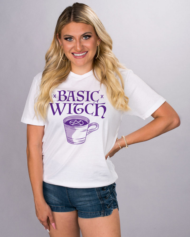 Basic Witch Shirt - Femfetti - A white unisex fit graphic tee featuring the phrase &quot;Basic Witch&quot; in purple text.