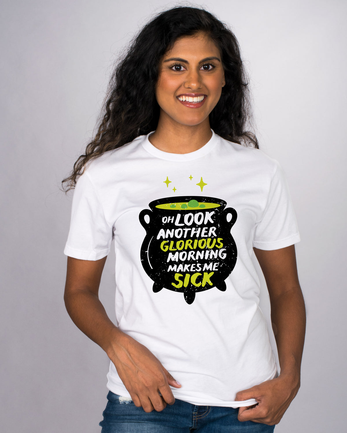 Another Glorious Morning Shirt - Femfetti - A white unisex fit graphic tee featuring the phrase &quot; Oh Look Another Glorious Morning Makes Me Sick&quot; in white and green text on a black cauldron.