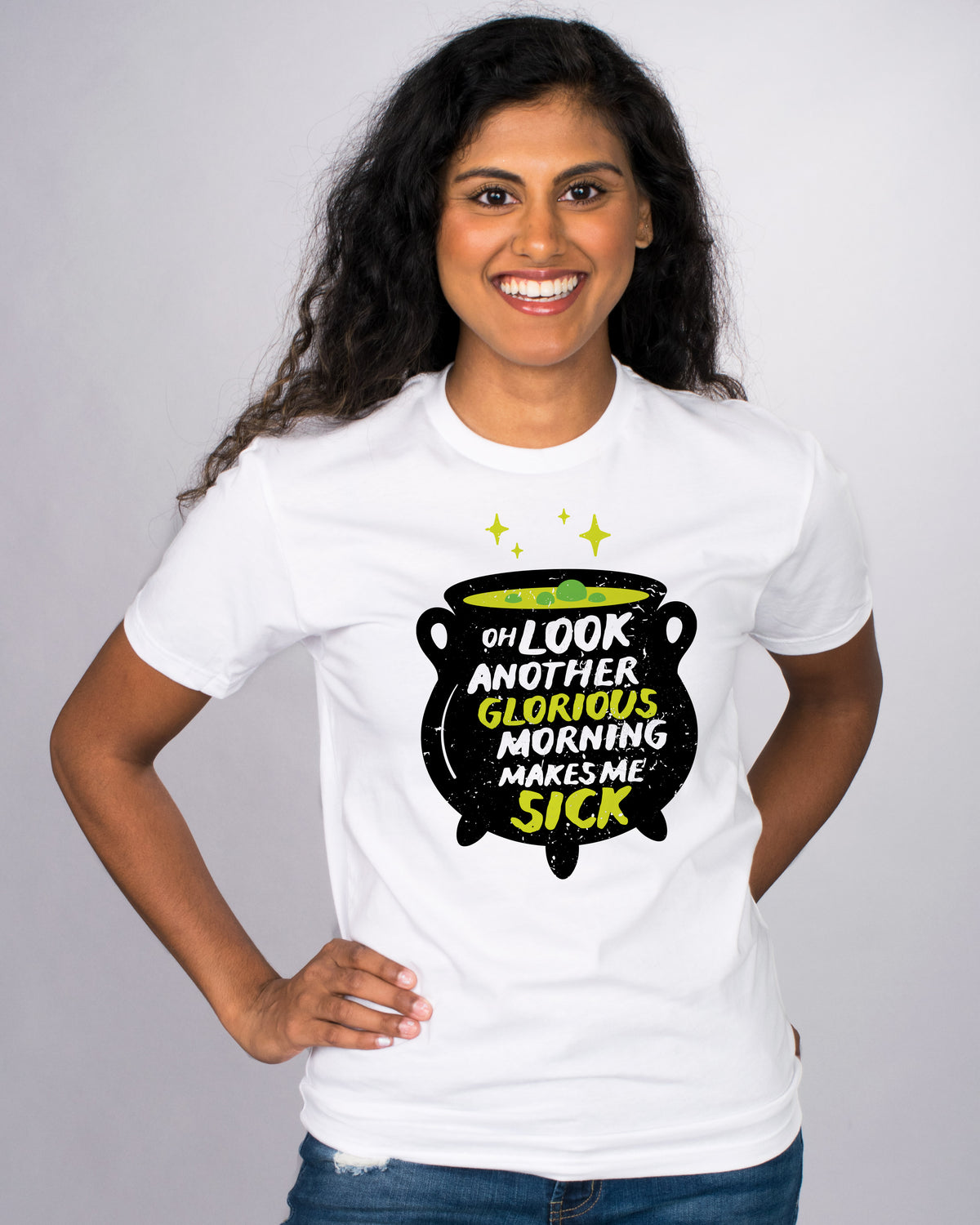 Another Glorious Morning Shirt - Femfetti - A white unisex fit graphic tee featuring the phrase &quot; Oh Look Another Glorious Morning Makes Me Sick&quot; in white and green text on a black cauldron.